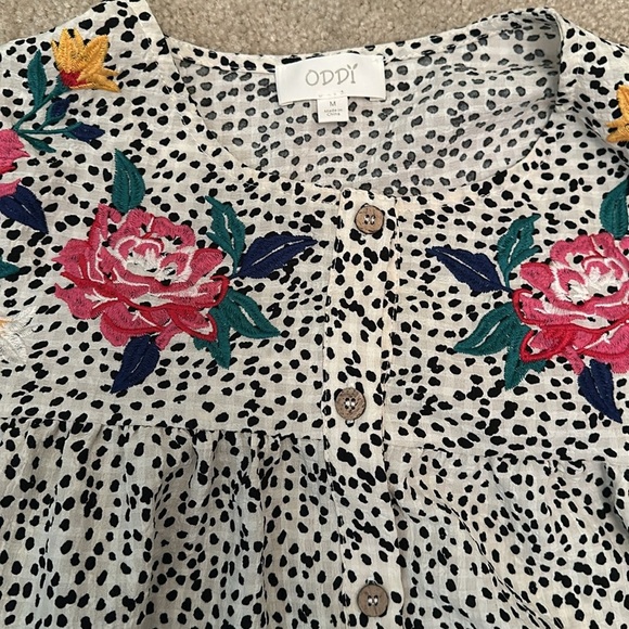Oddy Women’s Black Spotted Button Down Oversized Blouse Floral Embroidery Medium - Picture 3 of 8